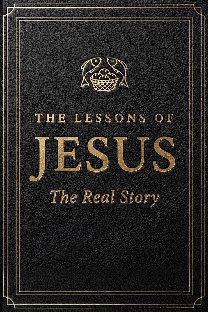 Book One, The Lessons of Jesus: The Real Story. Black leather cover with two fish and a basket of loaves in gold.